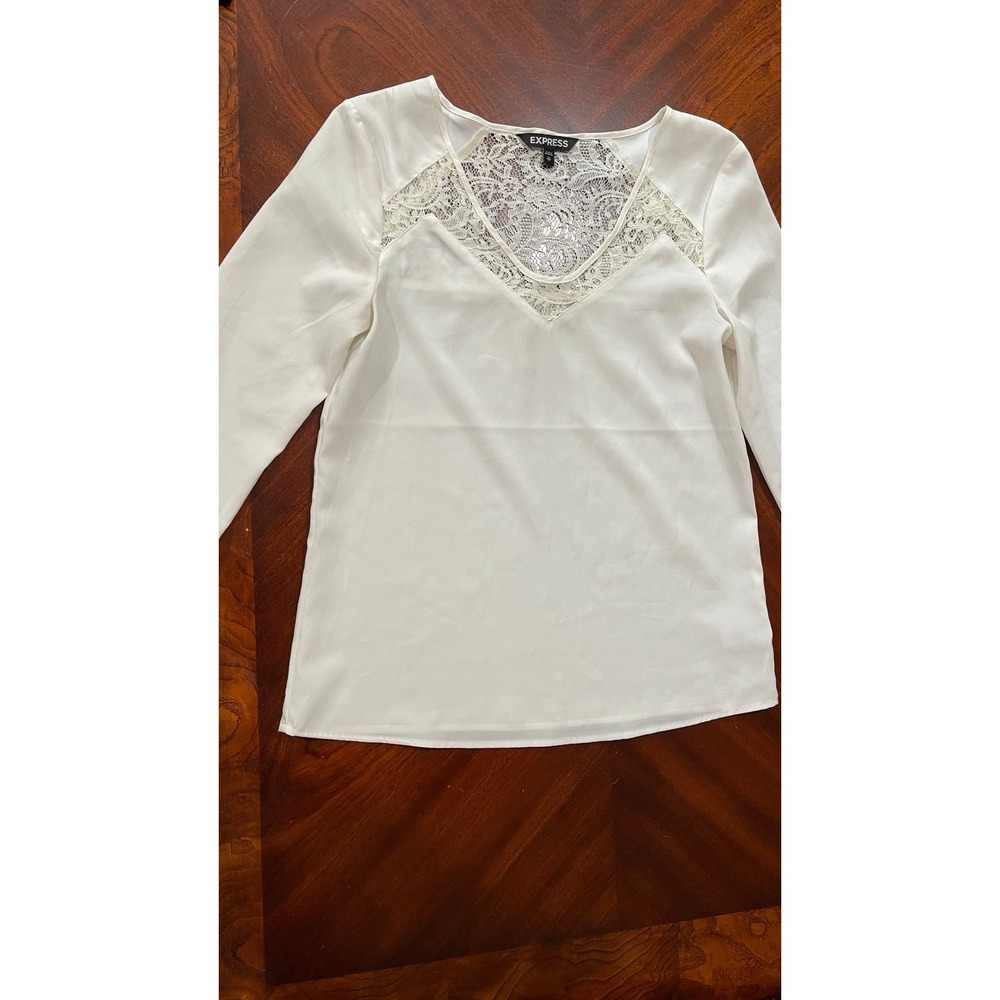 Express Women's XS White Lace Yoke‎ Blouse 3/4 Sleeve Sheer Career Top